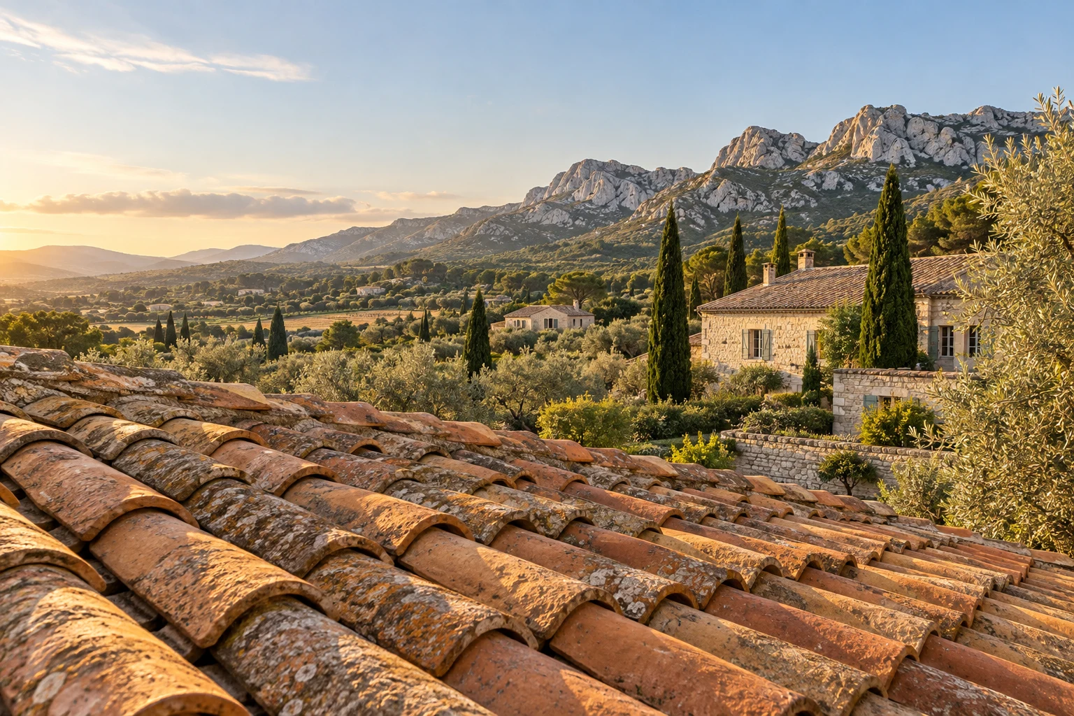 Toiture en tuiles canal et paysage des Alpilles — visuel d’ambiance